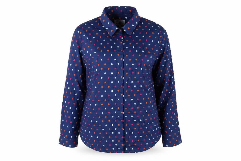 Front view of Antoni & Alison women’s blue polka dot cotton basic button-up, size UK 10, collared