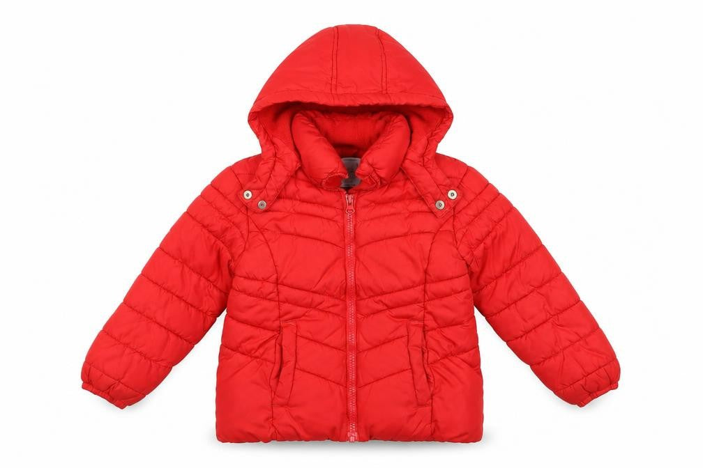 Front view of Next girls’ red jacket, size 5, years zip