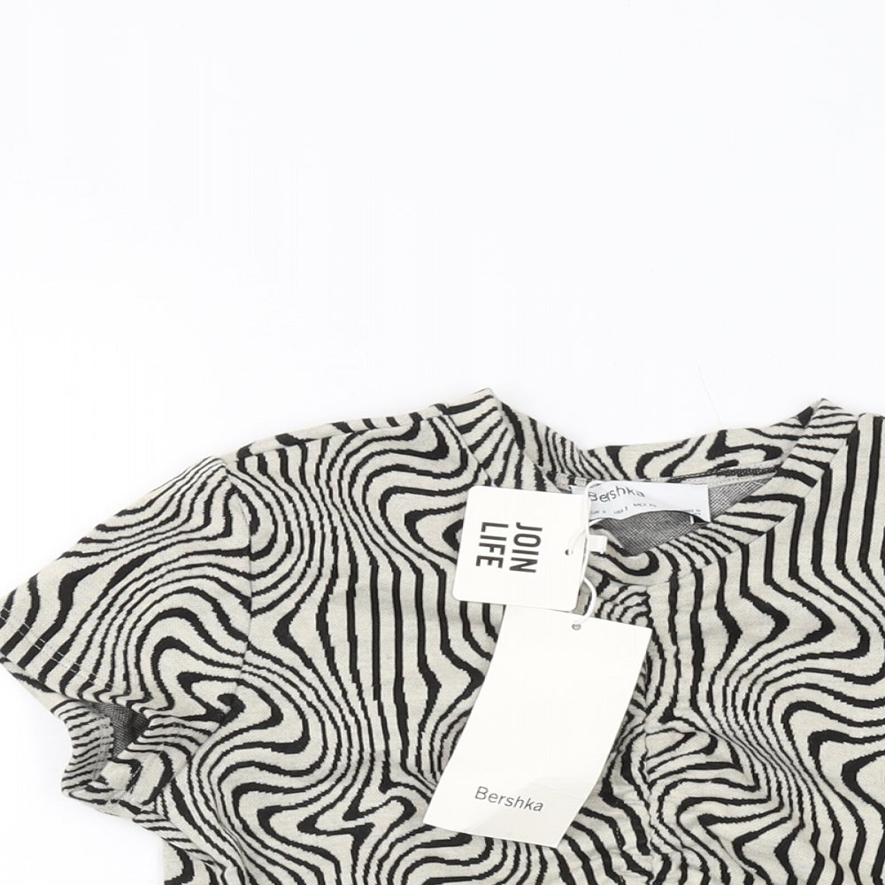 Bershka Womens Grey Animal Print Polyester Cropped T-Shirt Size S Round Neck