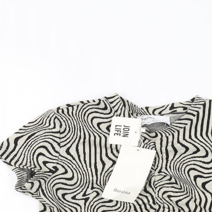 Bershka Womens Grey Animal Print Polyester Cropped T-Shirt Size S Round Neck