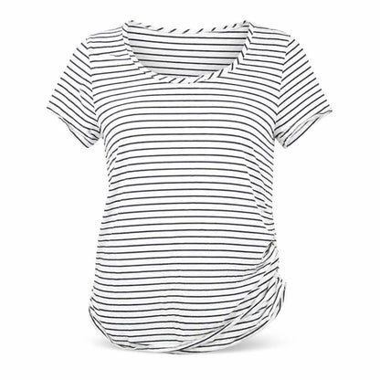 Blooming Womens White Striped Cotton Basic T-Shirt Size M Round Neck