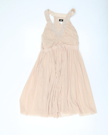 H&M Womens Pink Polyester Skater Dress Size M V-Neck Pullover