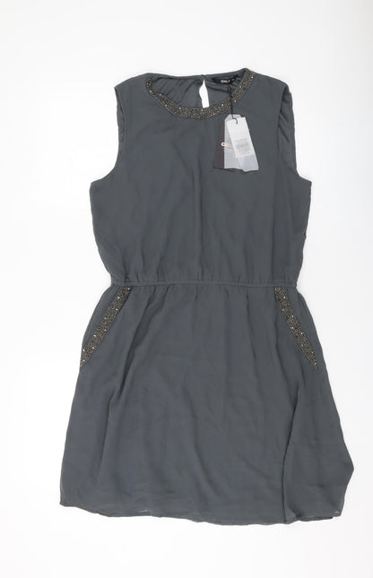 Only Womens Grey Polyester A-Line Size 14 Round Neck Button