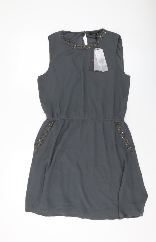 Only Womens Grey Polyester A-Line Size 14 Round Neck Button