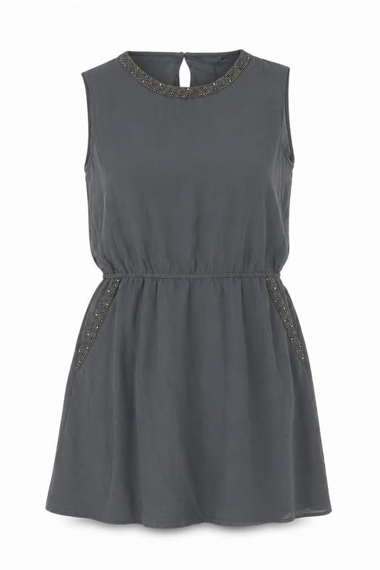 Front view of Only women’s grey polyester a-line, size UK 14, round neck button
