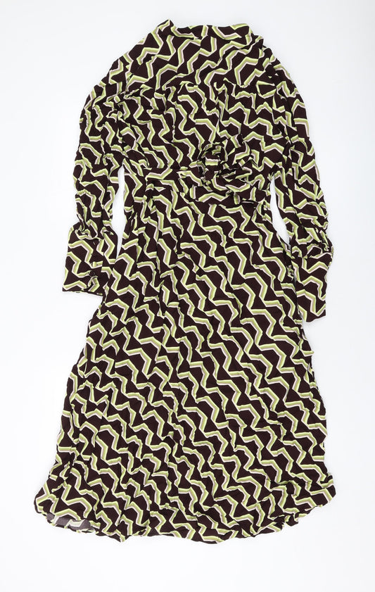 Autograph Womens Brown Geometric Viscose A-Line Size 14 Mock Neck Zip