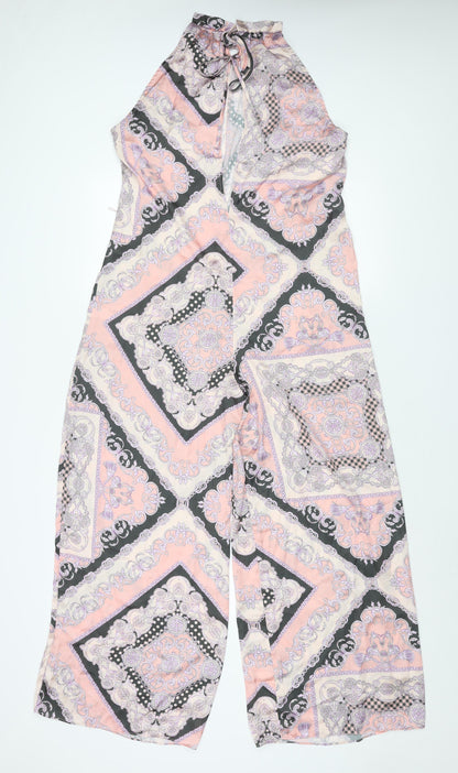 River Island Womens Pink Geometric Polyester Jumpsuit One-Piece Size 8 L28 in Tie - Frill