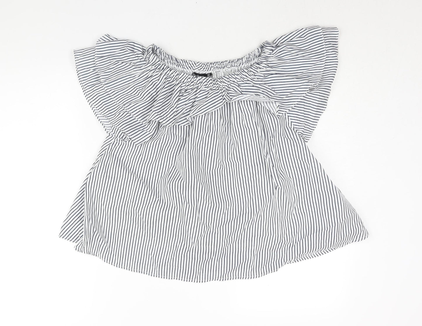 Boohoo Womens Blue Striped Polyester Basic Blouse Size 10 Boat Neck - Layered Frill