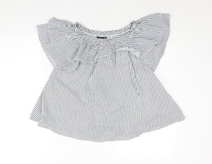 Boohoo Womens Blue Striped Polyester Basic Blouse Size 10 Boat Neck - Layered Frill