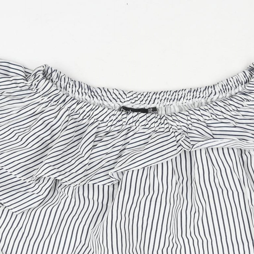 Boohoo Womens Blue Striped Polyester Basic Blouse Size 10 Boat Neck - Layered Frill