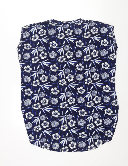 Blue Vanilla Womens Blue Floral Polyester Basic Blouse Size S Round Neck - Rouched Size S-M