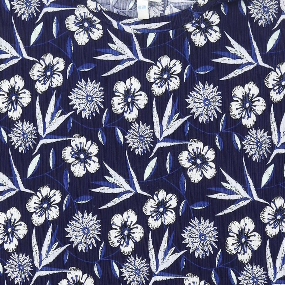 Blue Vanilla Womens Blue Floral Polyester Basic Blouse Size S Round Neck - Rouched Size S-M