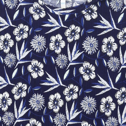 Blue Vanilla Womens Blue Floral Polyester Basic Blouse Size S Round Neck - Rouched Size S-M