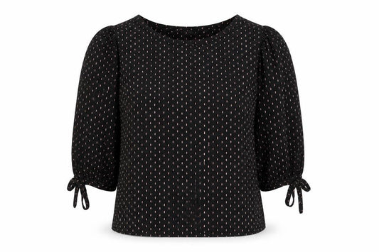Front view of Principles women’s black geometric viscose basic blouse, size UK 18, round neck - cuff tie