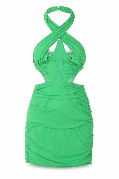 PRETTYLITTLETHING Womens Green Polyester Mini Size 6 Halter Zip - Rouched Corset Bodice Cut Out