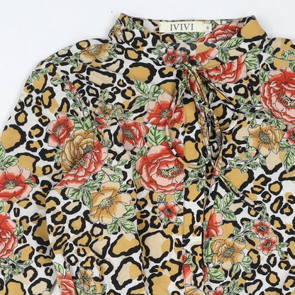 IVIVI Womens Multicoloured Geometric Polyester Shift Size S Round Neck Button - Frill Tie Floral Leopard Print