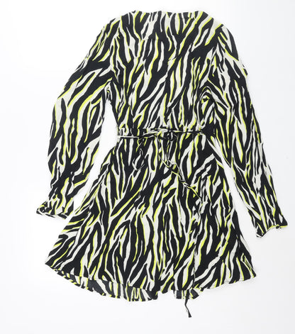 New Look Womens Black Animal Print Viscose Wrap Dress Size 8 V-Neck Tie - Tiger Print
