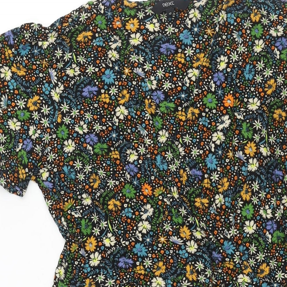 NEXT Womens Multicoloured Floral Viscose A-Line Size 12 V-Neck Pullover - Button Detail