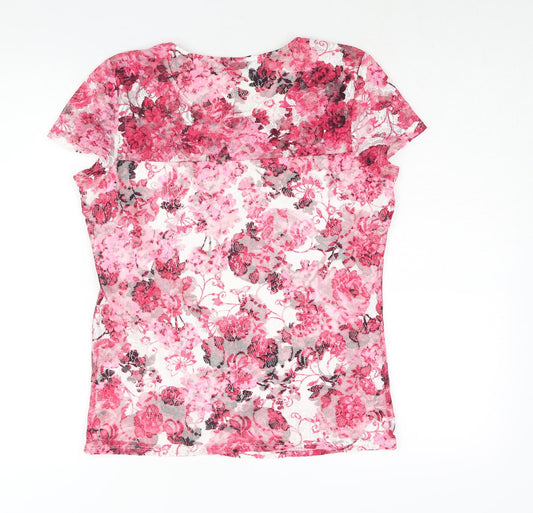 M&Co Womens Pink Geometric Polyester Basic Blouse Size 10 Round Neck