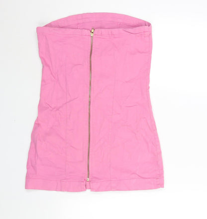 PRETTYLITTLETHING Womens Pink Cotton Mini Size 10 Square Neck Zip