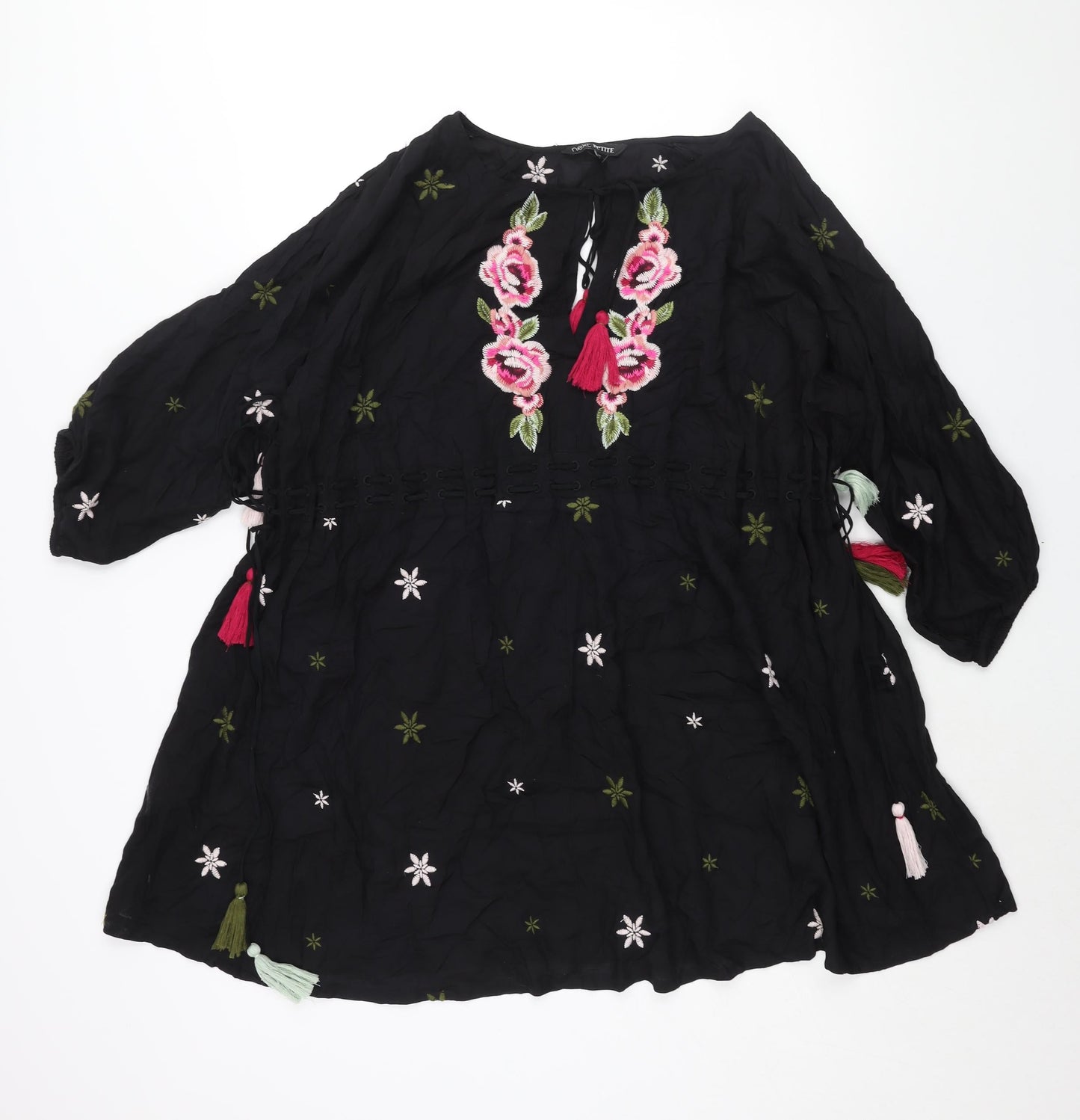 NEXT Womens Black Geometric Viscose Shift Size 12 Round Neck Tie - Drawstring Detail Tassle Embroidered