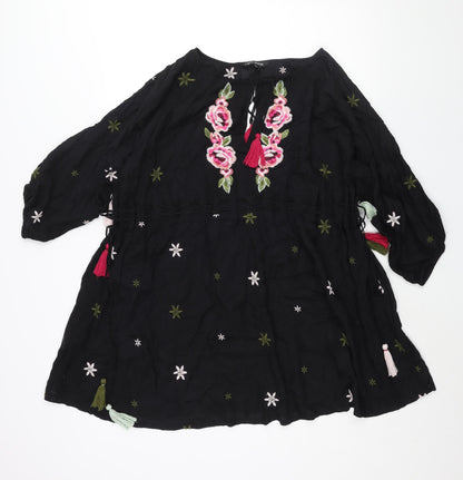 NEXT Womens Black Geometric Viscose Shift Size 12 Round Neck Tie - Drawstring Detail Tassle Embroidered