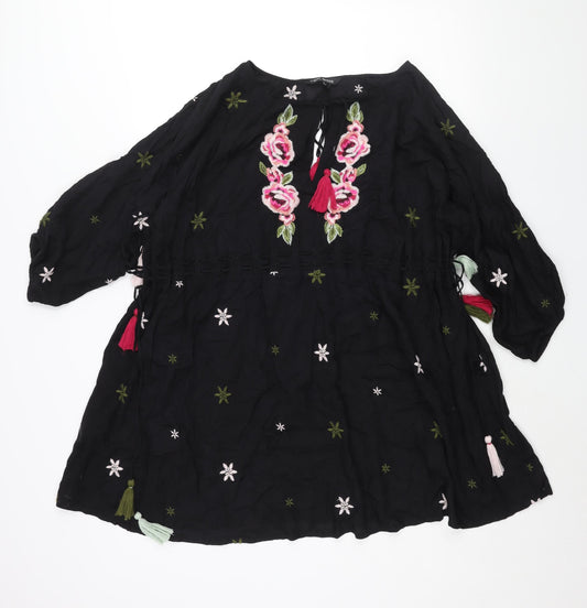 NEXT Womens Black Geometric Viscose Shift Size 12 Round Neck Tie - Drawstring Detail Tassle Embroidered