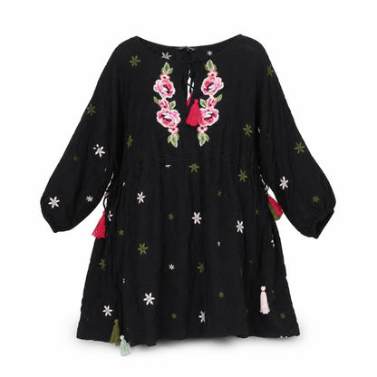 NEXT Womens Black Geometric Viscose Shift Size 12 Round Neck Tie - Drawstring Detail Tassle Embroidered