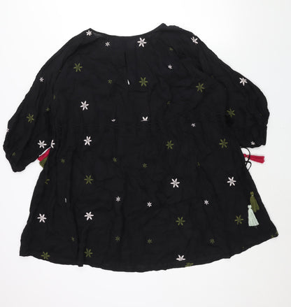 NEXT Womens Black Geometric Viscose Shift Size 12 Round Neck Tie - Drawstring Detail Tassle Embroidered