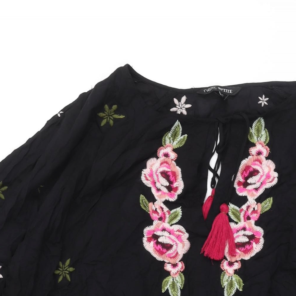 NEXT Womens Black Geometric Viscose Shift Size 12 Round Neck Tie - Drawstring Detail Tassle Embroidered