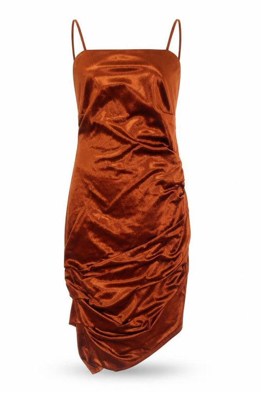 Front view of ASOS women’s brown polyester shift, size UK 12, sweetheart lace up - rouched