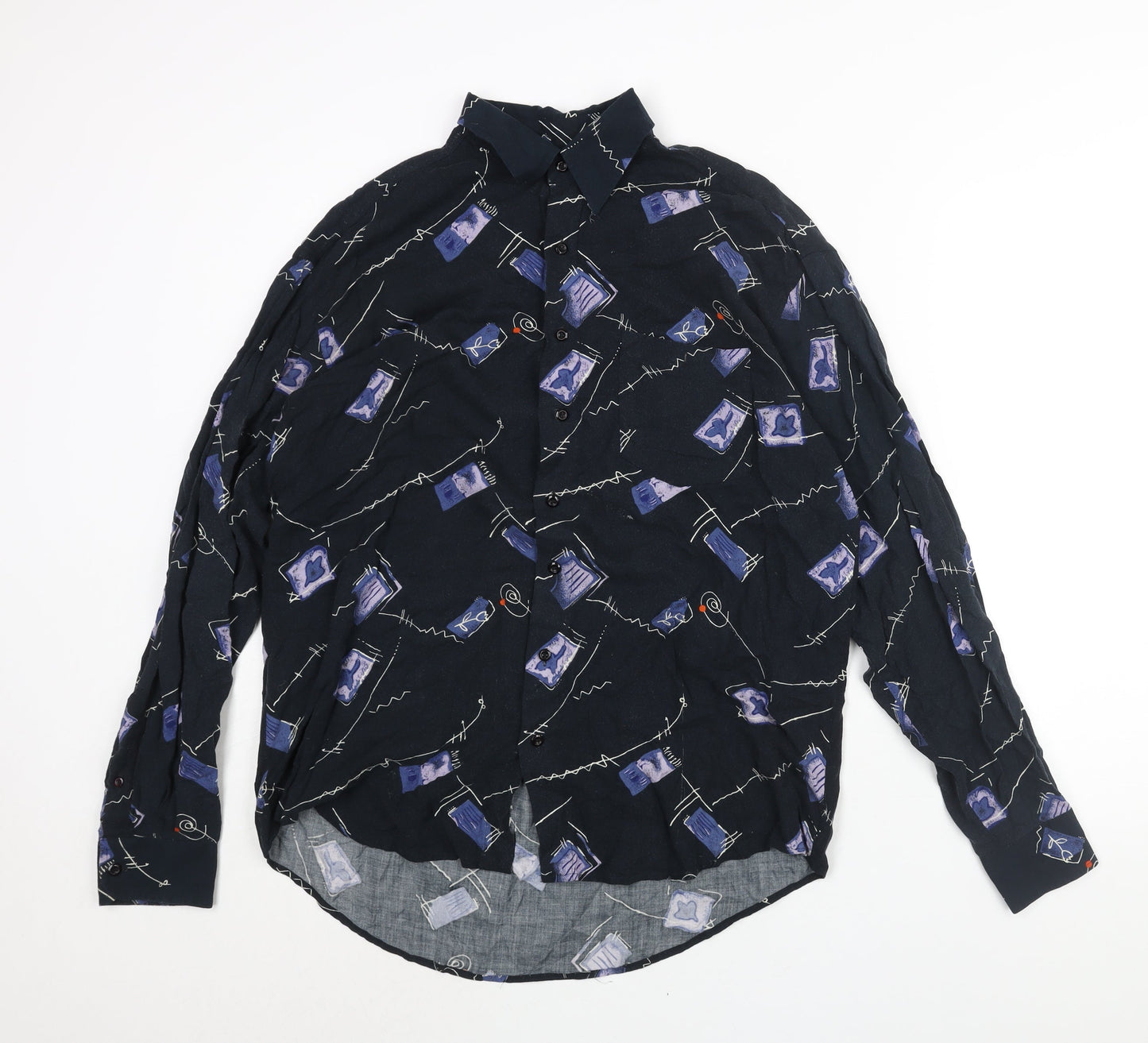 Le Frog Mens Blue Geometric Cotton Button-Up Size L Collared Button