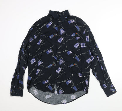Le Frog Mens Blue Geometric Cotton Button-Up Size L Collared Button