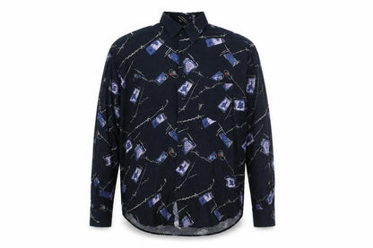 Le Frog Mens Blue Geometric Cotton Button-Up Size L Collared Button