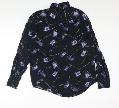 Le Frog Mens Blue Geometric Cotton Button-Up Size L Collared Button