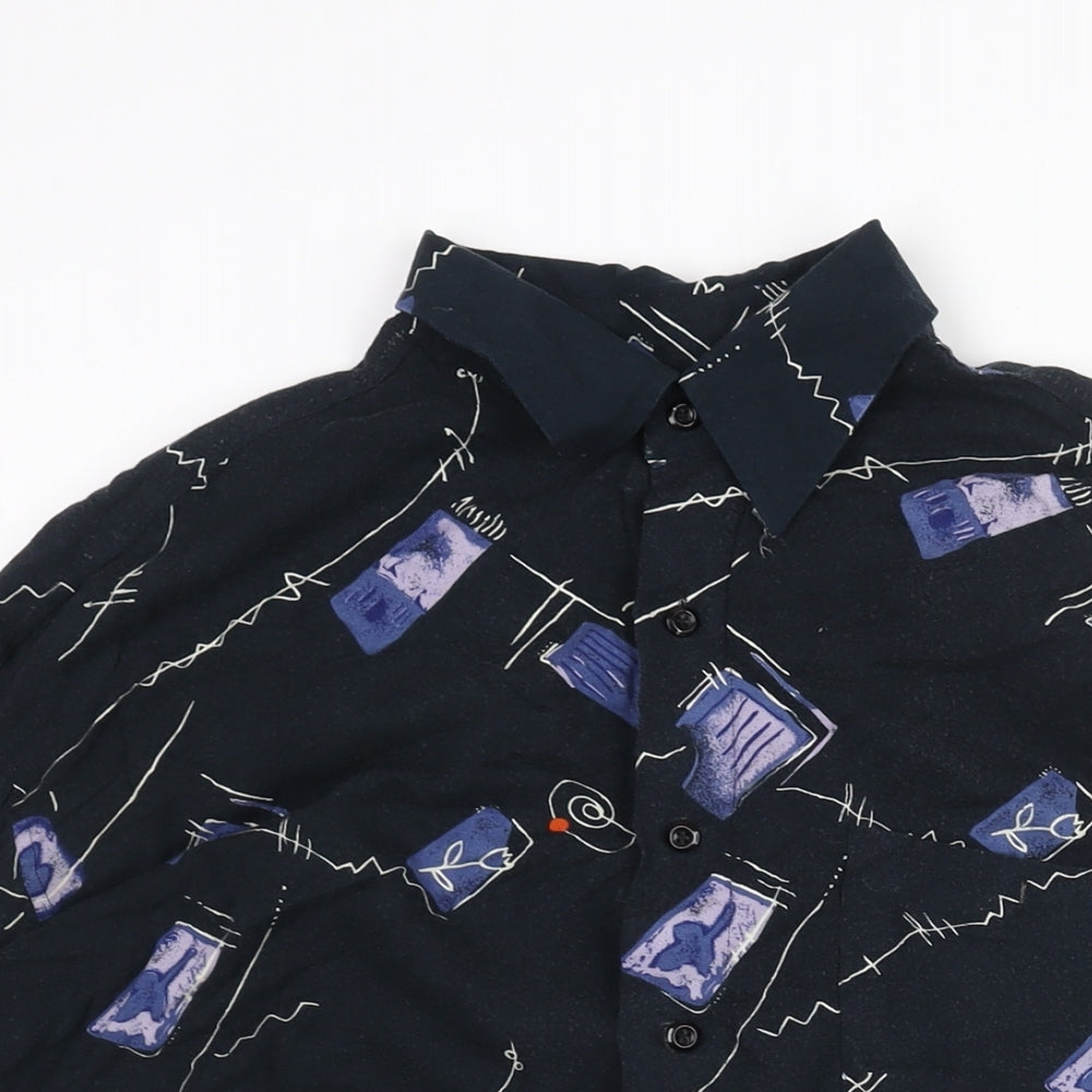 Le Frog Mens Blue Geometric Cotton Button-Up Size L Collared Button
