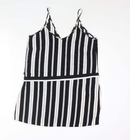 FOREVER 21 Womens Black Striped Polyester Camisole Blouse Size L V-Neck - Side Slits Belted