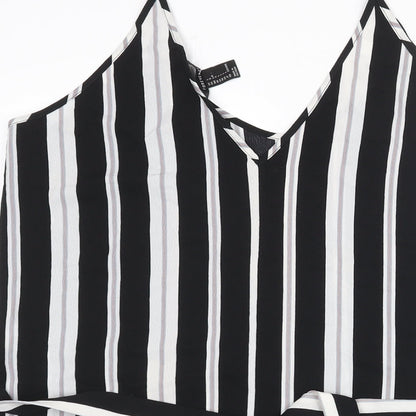 FOREVER 21 Womens Black Striped Polyester Camisole Blouse Size L V-Neck - Side Slits Belted