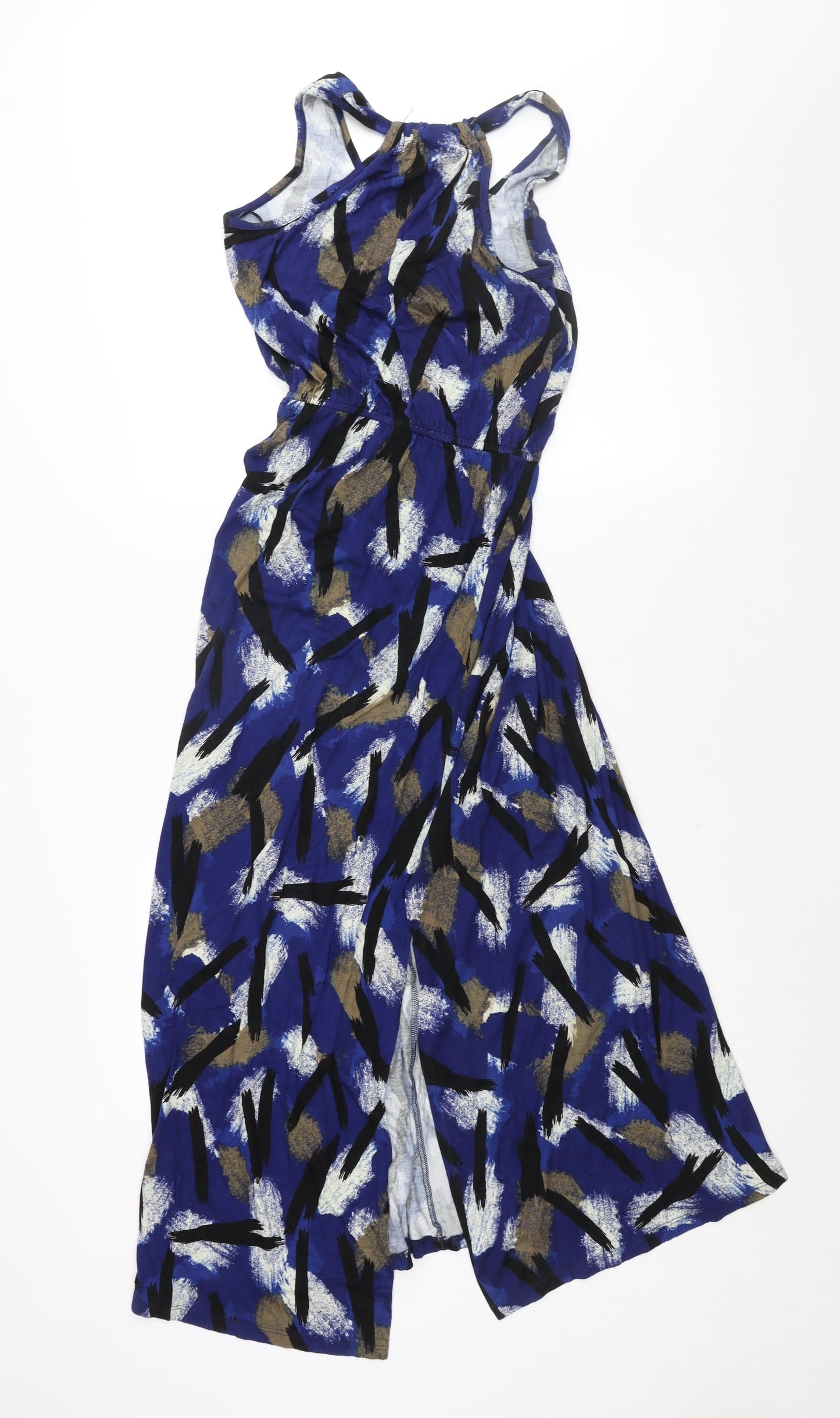 Bobeau Womens Blue Geometric Viscose Tank Dress Size 6 Round Neck Pullover - Drawstring Waist