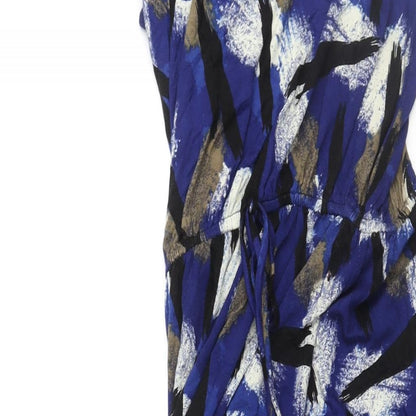 Bobeau Womens Blue Geometric Viscose Tank Dress Size 6 Round Neck Pullover - Drawstring Waist