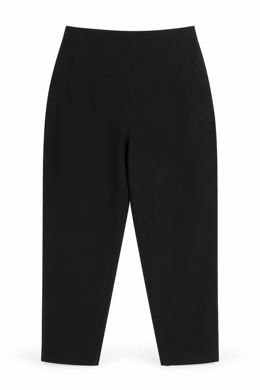 Front view of ASOS women’s black polyester trousers, size UK 12, 27-inch leg regular zip - darted waist
