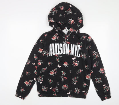 H&M Girls Black Floral Cotton Pullover Hoodie Size 10-11 Years Pullover - 10-12 Years