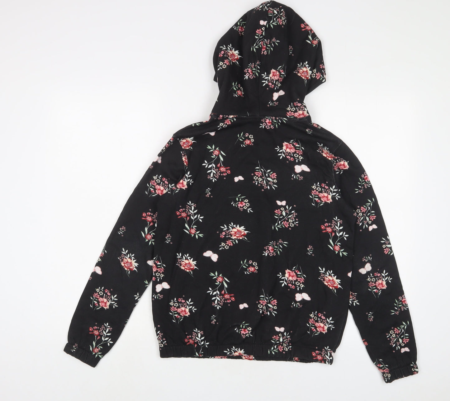 H&M Girls Black Floral Cotton Pullover Hoodie Size 10-11 Years Pullover - 10-12 Years