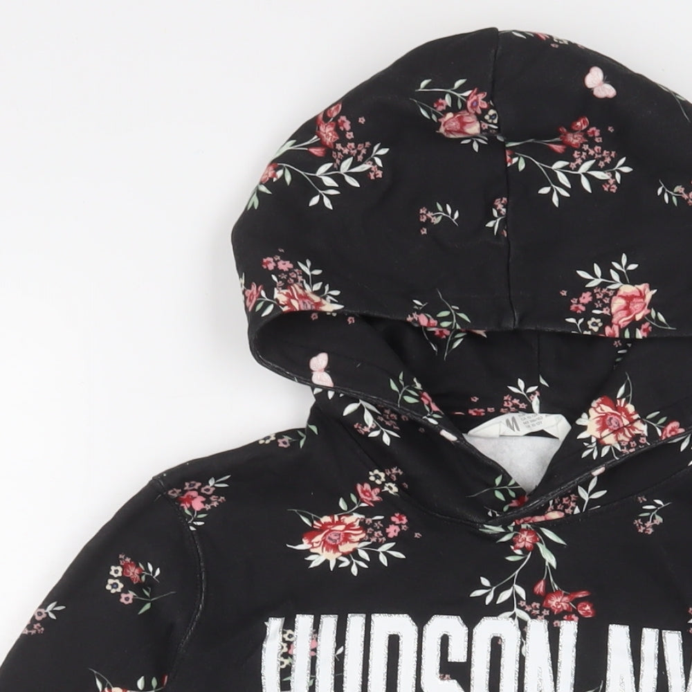 H&M Girls Black Floral Cotton Pullover Hoodie Size 10-11 Years Pullover - 10-12 Years