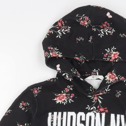 H&M Girls Black Floral Cotton Pullover Hoodie Size 10-11 Years Pullover - 10-12 Years