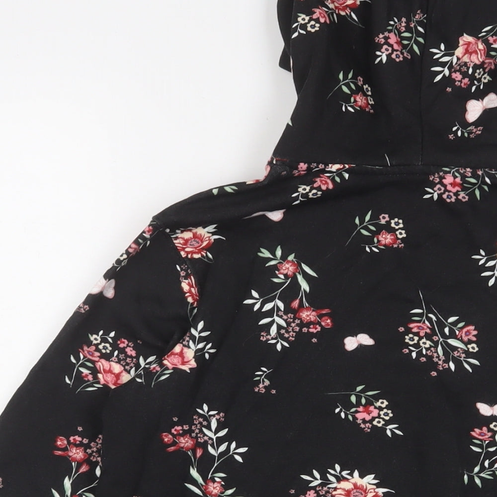 H&M Girls Black Floral Cotton Pullover Hoodie Size 10-11 Years Pullover - 10-12 Years