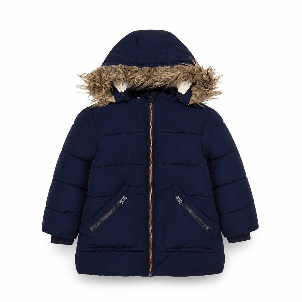 Front view of John Lewis boys’ blue basic coat coat, size 3, years zip