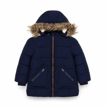 Front view of John Lewis boys’ blue basic coat coat, size 3, years zip