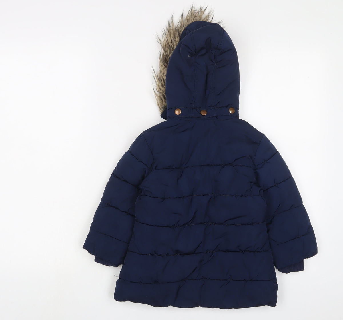 Back view of John Lewis boys’ blue basic coat coat, size 3, years zip