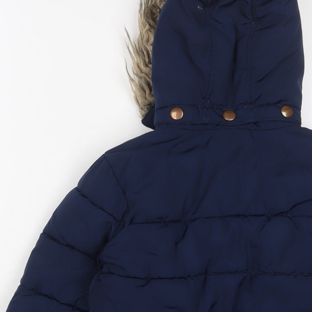 Brand and care label for John Lewis boys’ blue basic coat coat, size 3, years zip